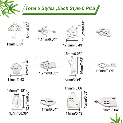 36Pcs 6 Style Stainless Steel Charms STAS-DC0008-62-1
