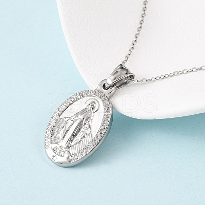304 Stainless Steel Oval with Virgin Mary Pendant Necklaces for Women NJEW-B149-02P-1