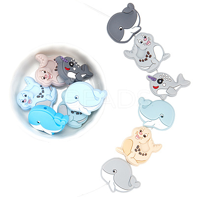 12Pcs 12 Style Whale/Dolphin/Sea Dog Food Grade Eco-Friendly Silicone Beads SIL-FH0001-11-1