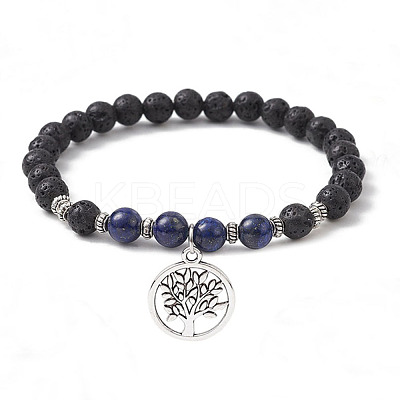 Natural Lava Rock & Natural Lapis Lazuli Gemstone Round Beaded Stretch Bracelet BJEW-JB09767-02-1