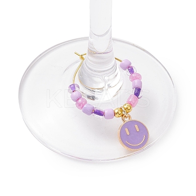 7Pcs Alloy Enamel Flat Round with Smiling Face Charms Wine Glass Charms HJEW-JM02501-1