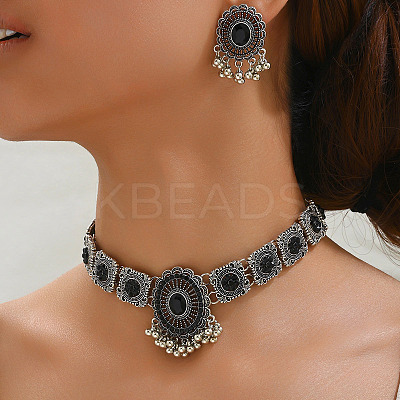 Oval Alloy Rhinestone Choker Necklace & Stud Earrings Sets for Women FS-WG6C9E9-01-1