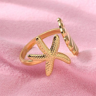 304 Stainless Steel Starfish & Shell Open Cuff Rings for Women LS-RJEW-C095-09G-1