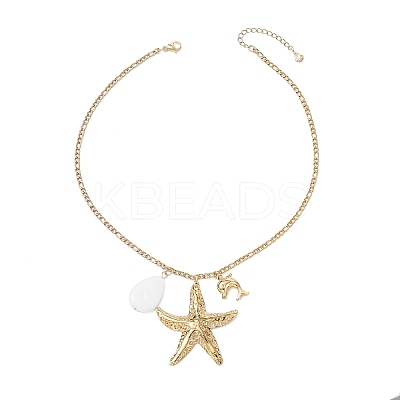 Summer Beach 304 Stainless Steel Starfish Dolphin & Natural Freshwater Shell Teardrop Pendant Necklaces for Women NJEW-JN05402-1