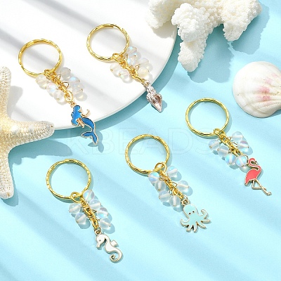 5Pcs Alloy Enamel & Synthetic Moonstone Keychain KEYC-YW00176-1