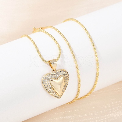 Brass Micro Pave Clear Cubic Zirconia Heart Pendant Necklaces NJEW-Q040-02G-1