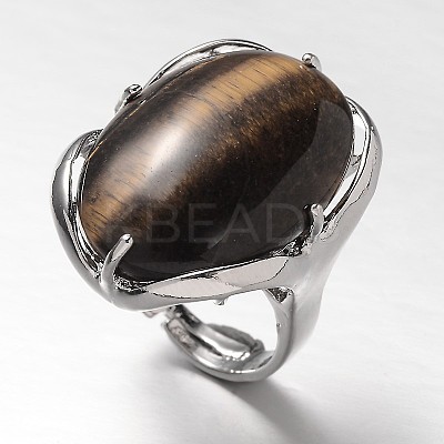 Adjustable Oval Brass Gemstone Wide Band Rings RJEW-L062-03J-1