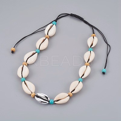 Adjustable Cowrie Shell and Synthetic Turquoise Beaded Necklaces NJEW-JN02300-01-1