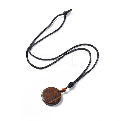 Natural Tiger Eye Flat Round with Tree of Life Pendant Necklace with Nylon Cord for Women NJEW-P274-03-01-1