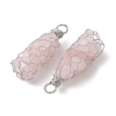 Rack Plating Copper Wire Wrapped Natural Rose Quartz Chip Big Pendants G-C130-01P-06-1