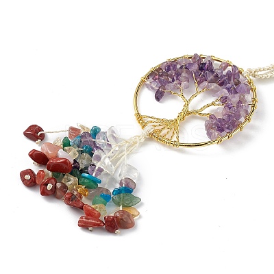 Natural Amethyst Tree of Life with Mixed Gemstone Chips Tassel Big Pendant Decorations HJEW-H057-03G-A06-1