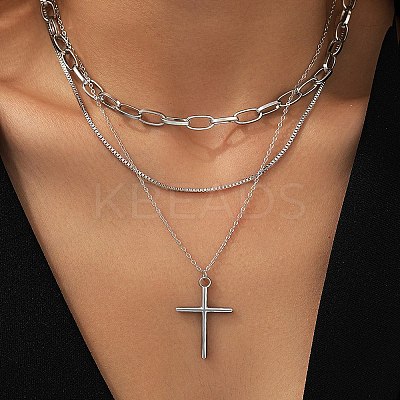 304 Stainless Steel Cross Pendant 3 Layer Necklaces for Women LS-NJEW-F343-02P-1