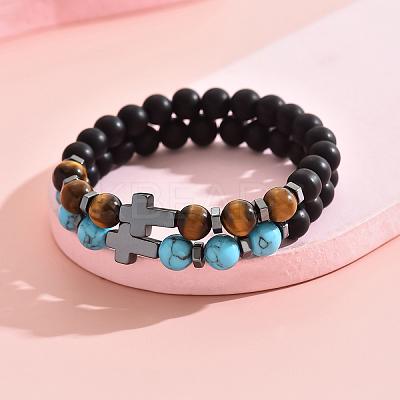 2Pcs 2 Styles Matte Natural Black Obsidian & Tiger Eye & Synthetic Turquoise Round Beads Stretch Bracelets IH5408-1