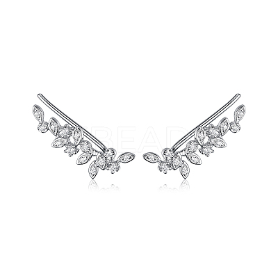Sterling Silver Micro Pave Clear Cubic Zirconia Leaf Clip-on Earrings OV8225-1-1
