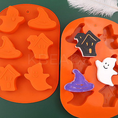 Halloween Theme Ghost/House/Witch Hat Cake Decoration Food Grade Silicone Molds DIY-E067-02-1
