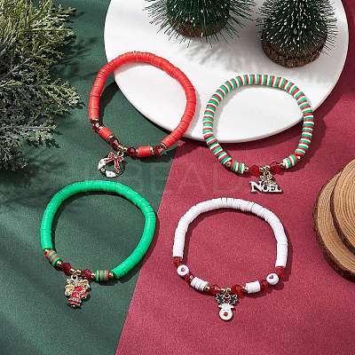 4Pcs 4 Styles Handmade Polymer Clay Beaded Stretch Bracelets BJEW-JB10416-1