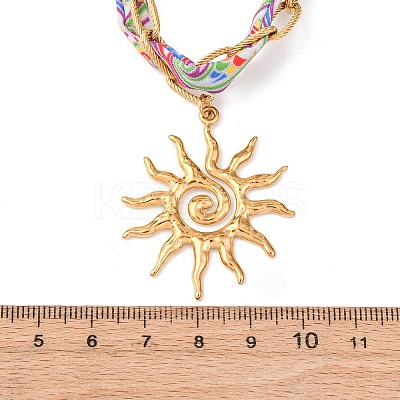 304 Stainless Steel Sun Pendant Printed Polyester Cord Necklaces for Women NJEW-D340-02G-1