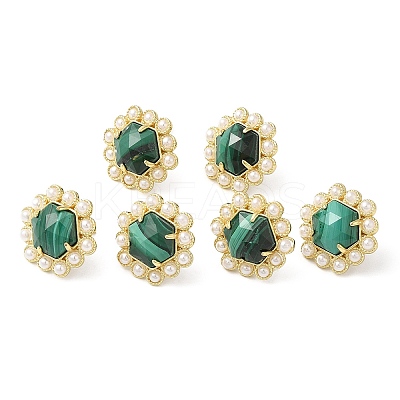 Ion Plating(IP) Natural Malachite Hexagon Stud Earrings with Plastic Pearl Beaded EJEW-E287-01G-01-1