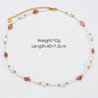 Handmade Natural Pearl & Strawberry Quartz & Glass Beaded Necklace JR6200-3-1