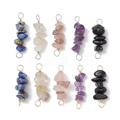 10Pcs 5 Styles Constellation Natural Gold Rutilated Quartz & Amethyst & Golden Sheen Obsidian & Strawberry Quartz & Lapis Lazuli Copper Wire Wrapped Chip Beaded Connector Charms PALLOY-JF02905-03-1