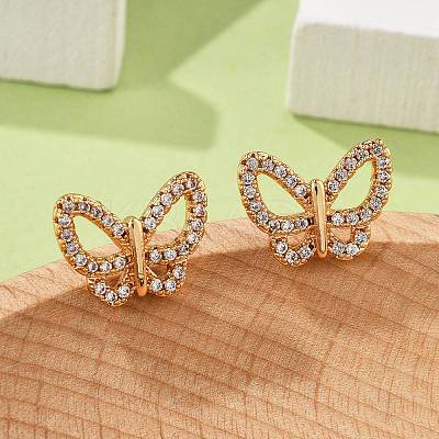 Butterfly Brass Micro Pave Clear Cubic Zirconia Stud Earrings for Women EJEW-G428-07G-1