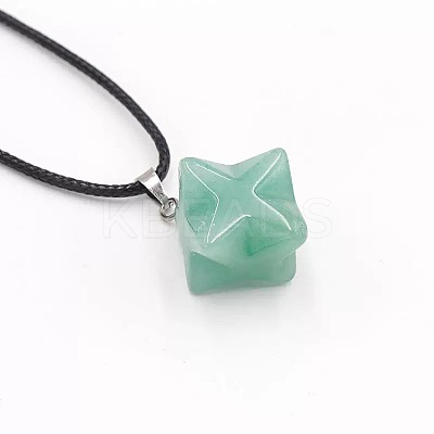Natural Green Aventurine Geometric Hexagram Star Pendant Necklaces with Black Cords VZ1120-6-1