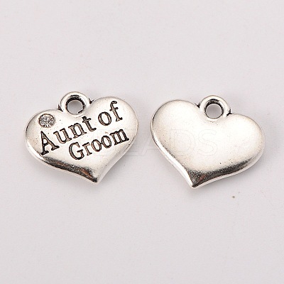 Antique Silver Tone Tibetan Style Heart with Aunt of Groom Rhinestone Charms TIBEP-N005-01B-1