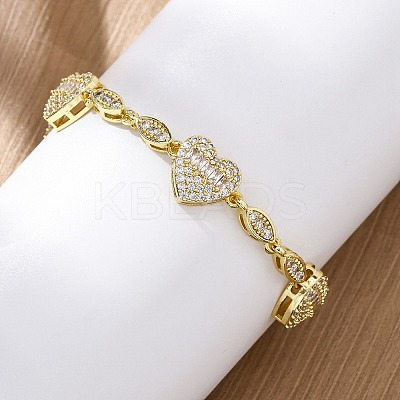 Heart & Horse Eye Brass Micro Pave Clear Cubic Zirconia Link Chain Bracelets for Women BJEW-G740-03G-1