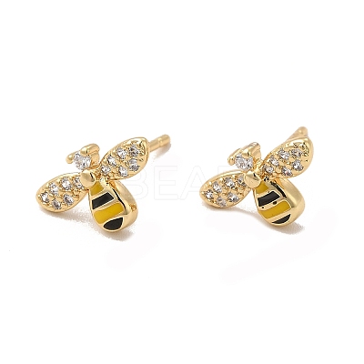Cubic Zirconia Bee Stud Earrings with Enamel EJEW-G341-02G-1