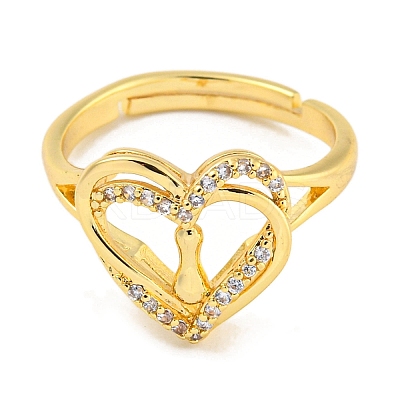 Heart with Letter Rack Plating Brass Micro Pave Clear Cubic Zirconia Adjustable Rings for Women RJEW-I105-01G-I-1