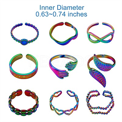 9Pcs 9 Style 304 Stainless Steel Hand & Infinite & Heart & Moon Cuff Rings RJEW-SZ0001-19-1
