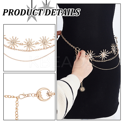 2Pcs 2 Styles Moon Sun Alloy Link Waist Body Chains AJEW-UN0002-20G-1