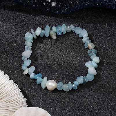 Natural Aquamarine Chips Stretch Bracelets for Women BJEW-JB11343-01-1
