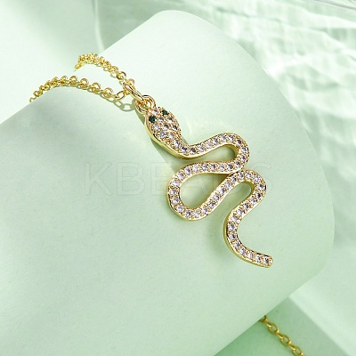 Brass Micro Pave Clear Cubic Zirconia Snake Pendant Necklaces NJEW-S438-02F-G-1