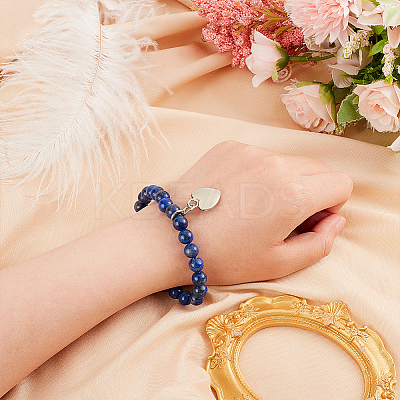 Natural Lapis Lazuli Round Beaded Stretch Bracelet with Alloy Heart Charm BJEW-OC0001-09D-1