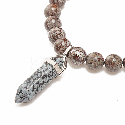 Natural Snowflake Obsidian Round Beaded Stretch Bracelet with Bullet Shape Charm BJEW-JB08310-04-1