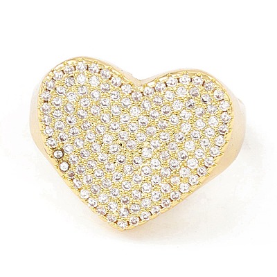Clear Cubic Zirconia Heart Signet Open Cuff Ring RJEW-I083-13G-1