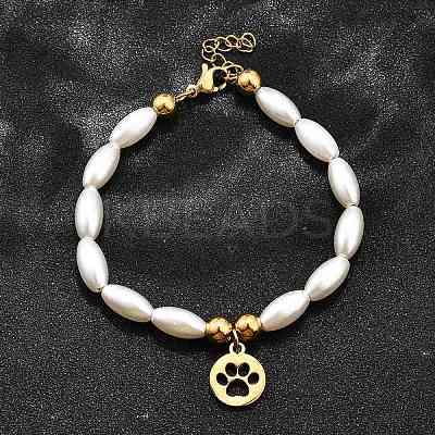 304 Stainless Steel Flat Round with Paw Print Charm Bracelets for Women BJEW-C098-11G-1