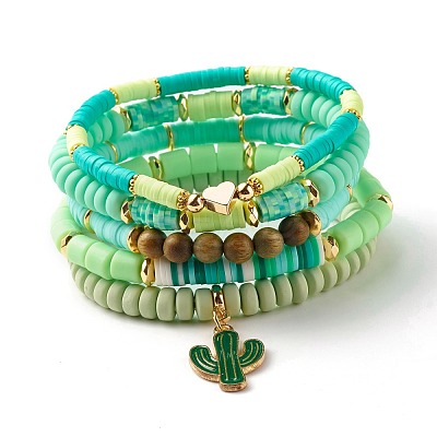 Natural Sandalwood Round & Polymer Clay Heishi Beads Stretch Bracelets Sets BJEW-JB07437-1