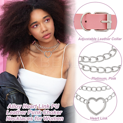 2Pcs Alloy Heart Link PU Leather Punk Choker Necklaces for Women NJEW-UN0001-70B-1