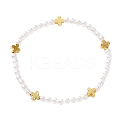 Minimalist Round Imitation Pearl & Brass Cross Beaded Stretch Bracelets MM4017-1
