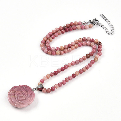 Natural Rhodonite 4.5mm Round Beaded Flower Pendant Necklaces NJEW-T016-04L-1