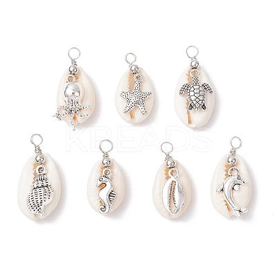 Natural Cowrie Shell & Alloy Sea Animals Pendants PALLOY-JF03751-1