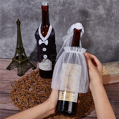 2 Sets Organza & Cloth Bride and Groom Wine Bottle Cover AJEW-CP0001-47-1