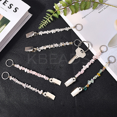 6Pcs Natural Rose Quartz & Quartz Crystal Keychain KEYC-GF00005-1