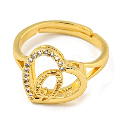 Heart with Letter Rack Plating Brass Micro Pave Cubic Zirconia Adjustable Rings for Women RJEW-I105-06G-Q-1