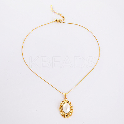 Chic Design Oval 304 Stainless Steel with Imitation Pearl Pendant Necklaces for Women AA0012-1