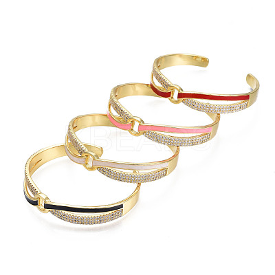Clear Cubic Zirconia Criss Cross with Ring Open Cuff Bangle with Enamel BJEW-N012-018-1