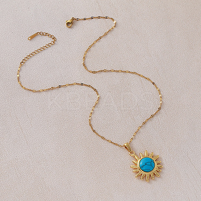 Vintage 304 Stainless Steel Sun Pendant Necklace with Dyed Synthetic Turquoise Stone for Women TN1181-1