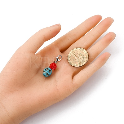Skull Synthetic Turquoise & Resin Rose Pendant Decorations HJEW-JM03999-1